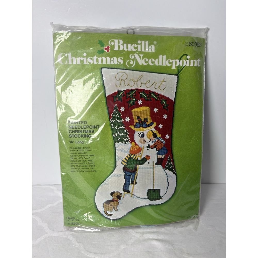 Vtg Bucilla Christmas Needlepoint Painted Stocking Kit 60393 Personalize Snowman